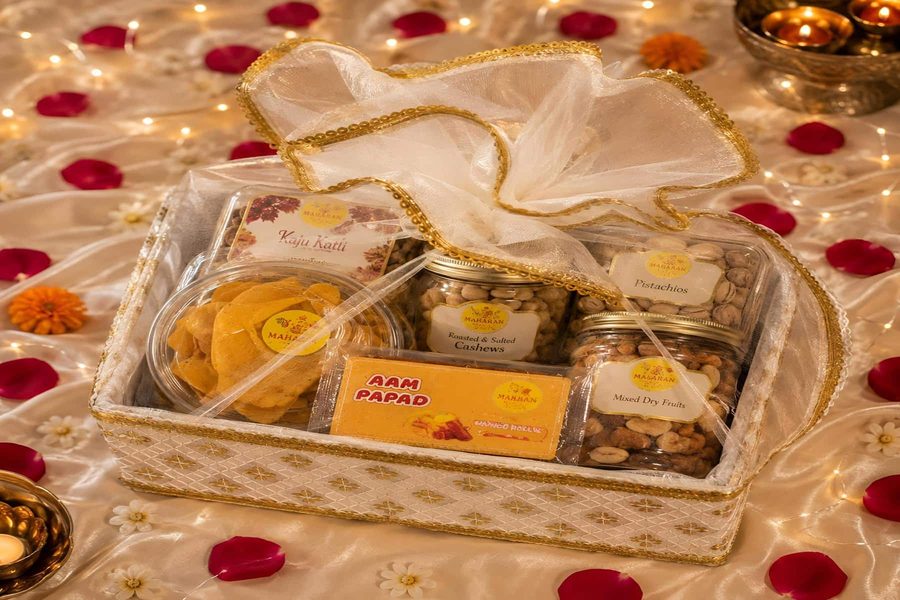 Golden Embroidery White Basket Hamper